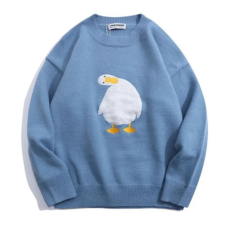 Männer Harajuku Pullover Cartoon Ente Gans Stickerei Gestrickte Pullover Japanischen College Stil Oansatz Jumper Unisex Frühling Autunm