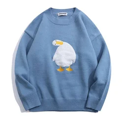 Męskie sweter Harajuku kreskówka kaczka gęś haft dziergany sweter japoński styl College O-Neck Jumper Unisex wiosna Autunm