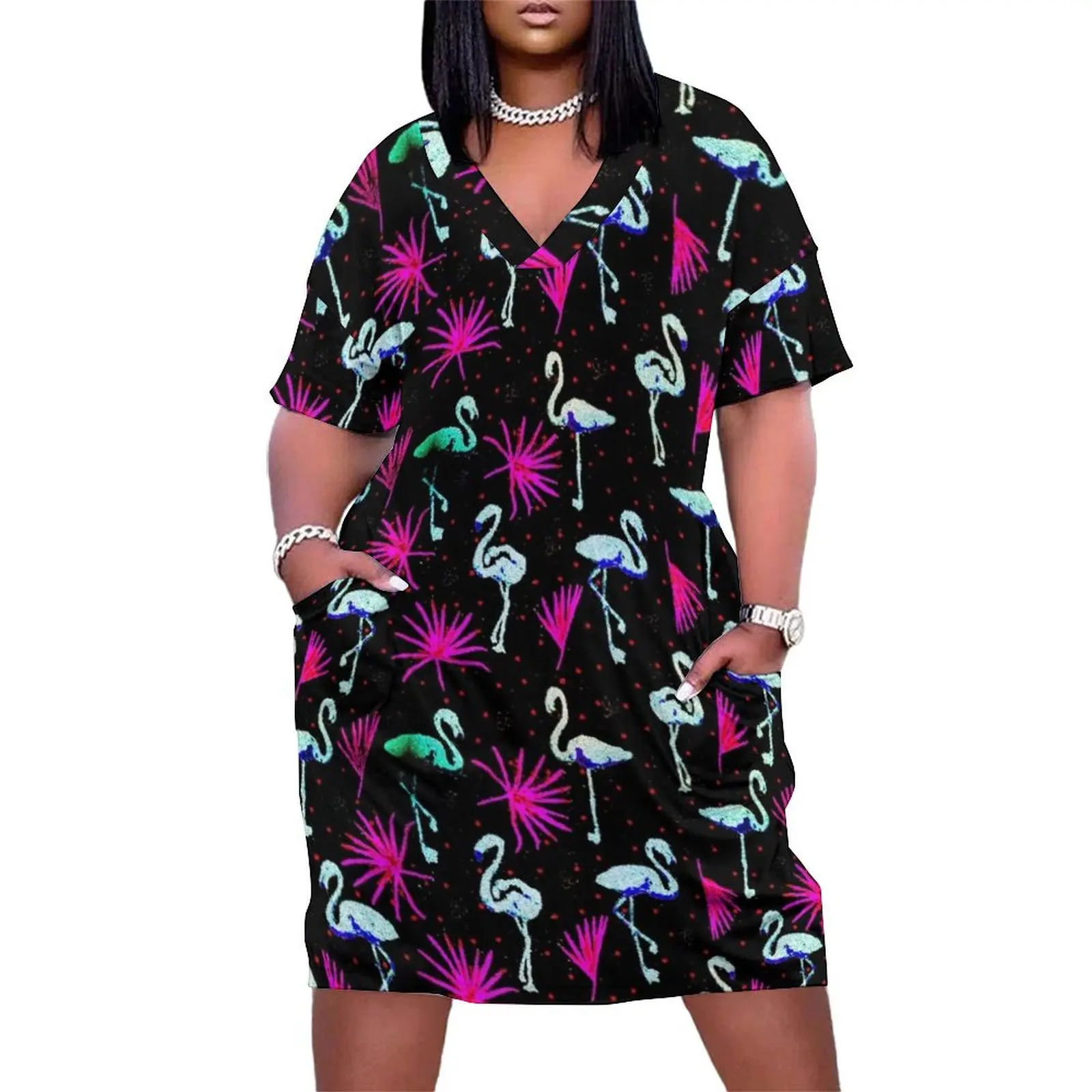 Black Pink Blue Neon Yard Flamingos Static Grain Loose Pocket Dress luxury woman evening dress Evening dresses