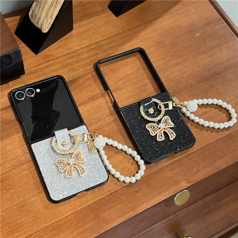 Süße, mädchenhafte Glitzer-Leder-Handyhüllen mit Diamantring für Samsung Galaxy Z Flip 7 FE 6 5 4 3 5G ZFlip7