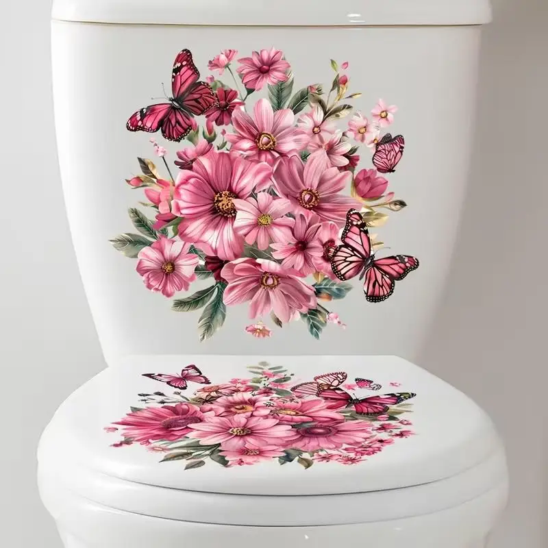 Floral Toilet Lid Sticker Waterproof No Glue Residue Peel and Stick Decal for Bathroom Wall Home Restroom Decoration