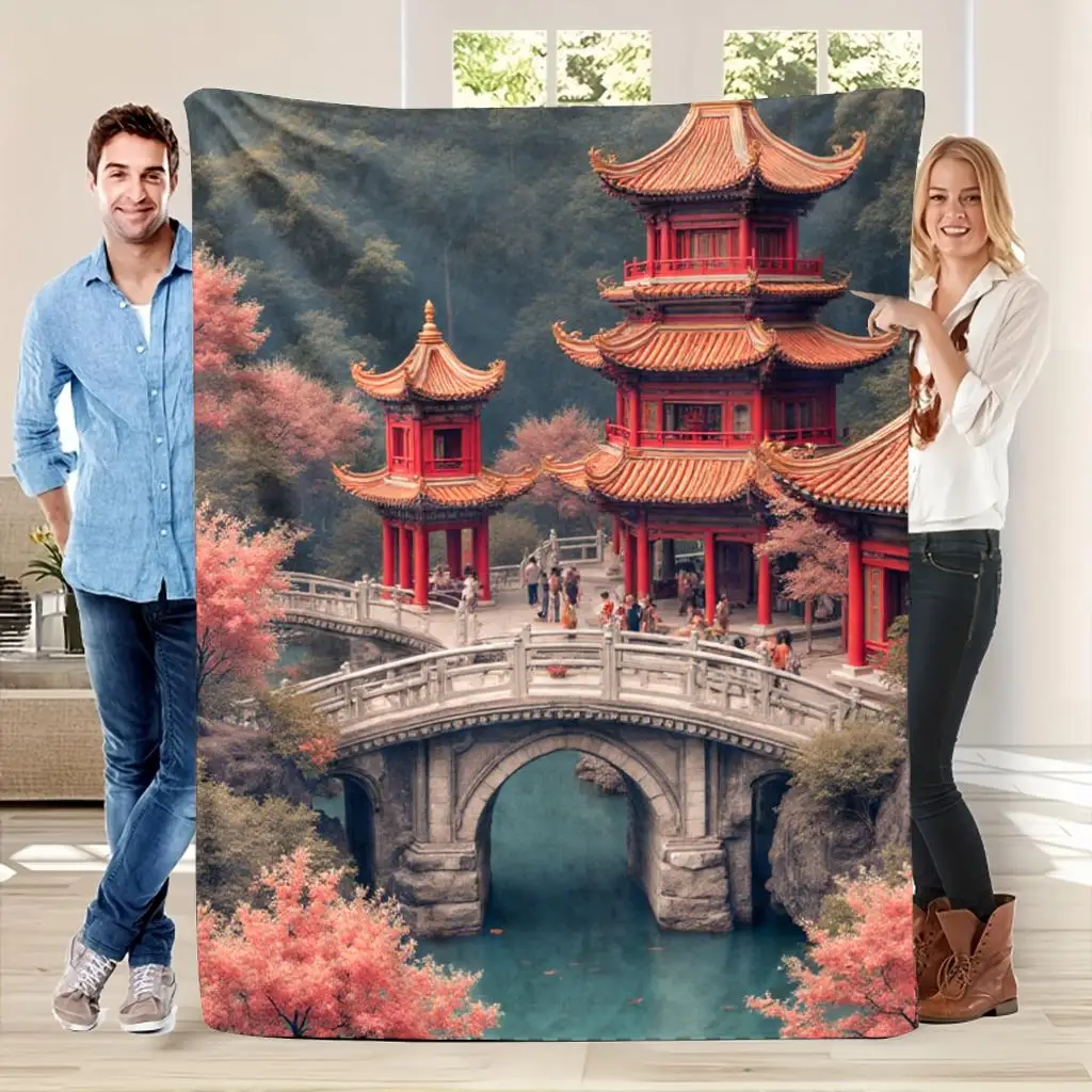 Large 150x200cm Asian Pagoda Temple Garden Scenic Print Blanket Throw Oriental Decorative Bedspread Art Home Decor
