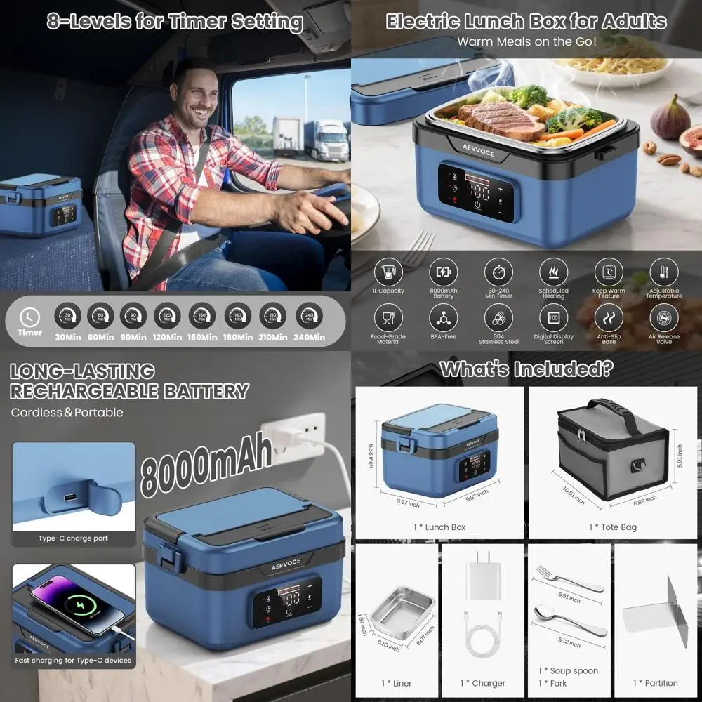Fiambrera calentada recargable de 1 l, 8000 mAh, calentador de alimentos portátil para adultos, ideal para automóviles, oficinas, trabajos al aire libre (azul)