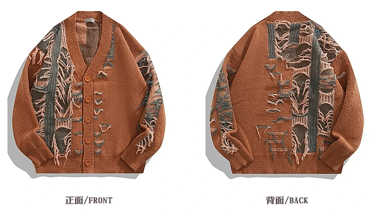 New American High Street Black Color Block Cardigan Sweater for Men Cool and Handsome Coffee Color Tassel Design Knitted Sweater