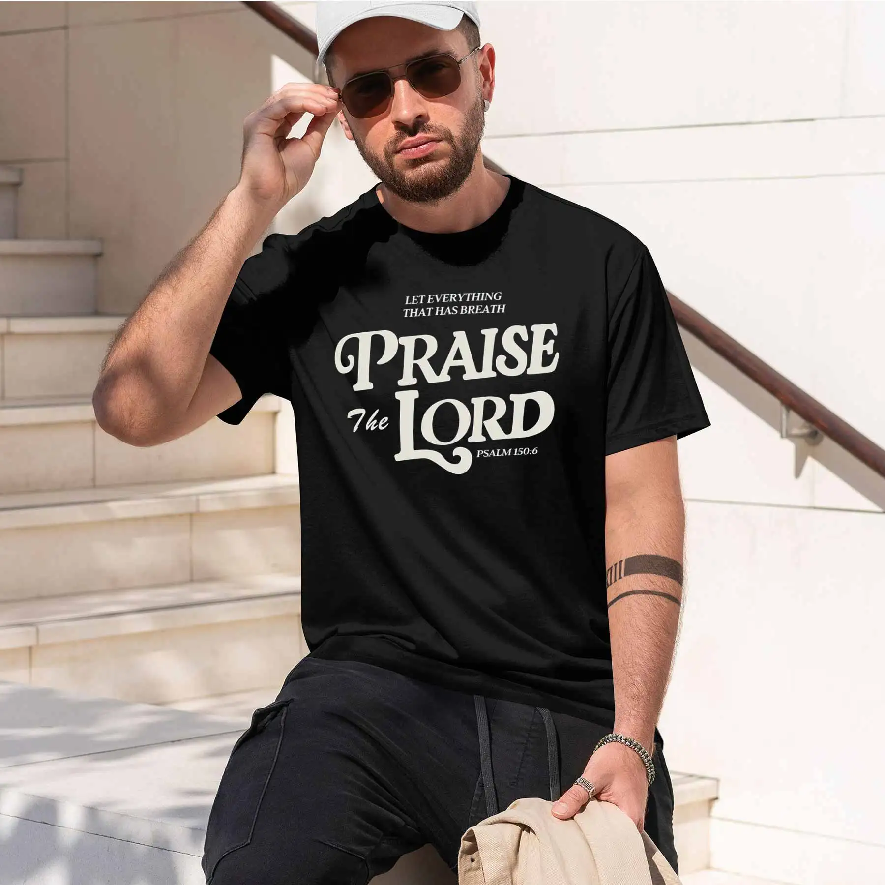 new printed T-shirt printed with  Men's Faith Theme Short Sleeve T-Shirt Psalm 150:6 Praise The Lord Print Casual Versatile Top