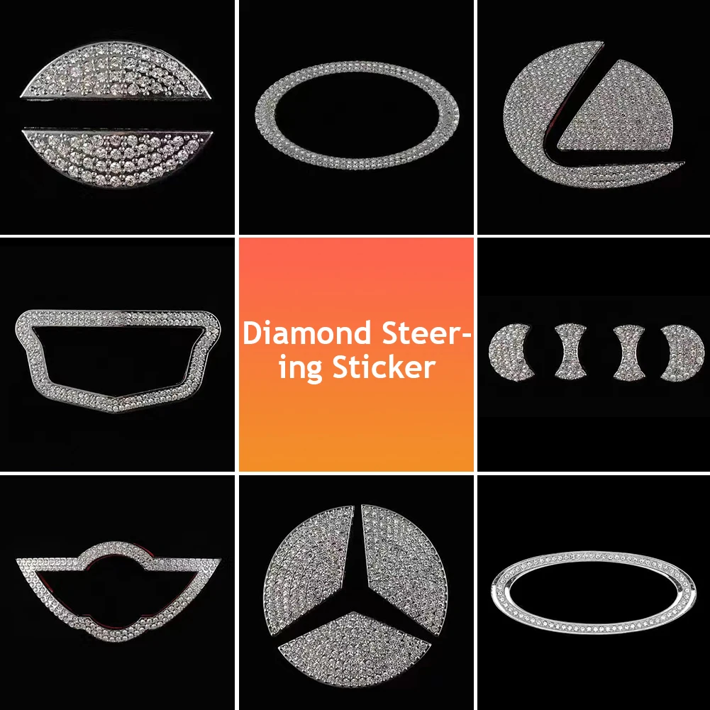자동차 스티어링 휠 로고 데칼 스티커 블링 다이아몬드 인테리어 액세서리 BMW Hyundai Toyota Honda Mercedes 용 금속 엠블럼