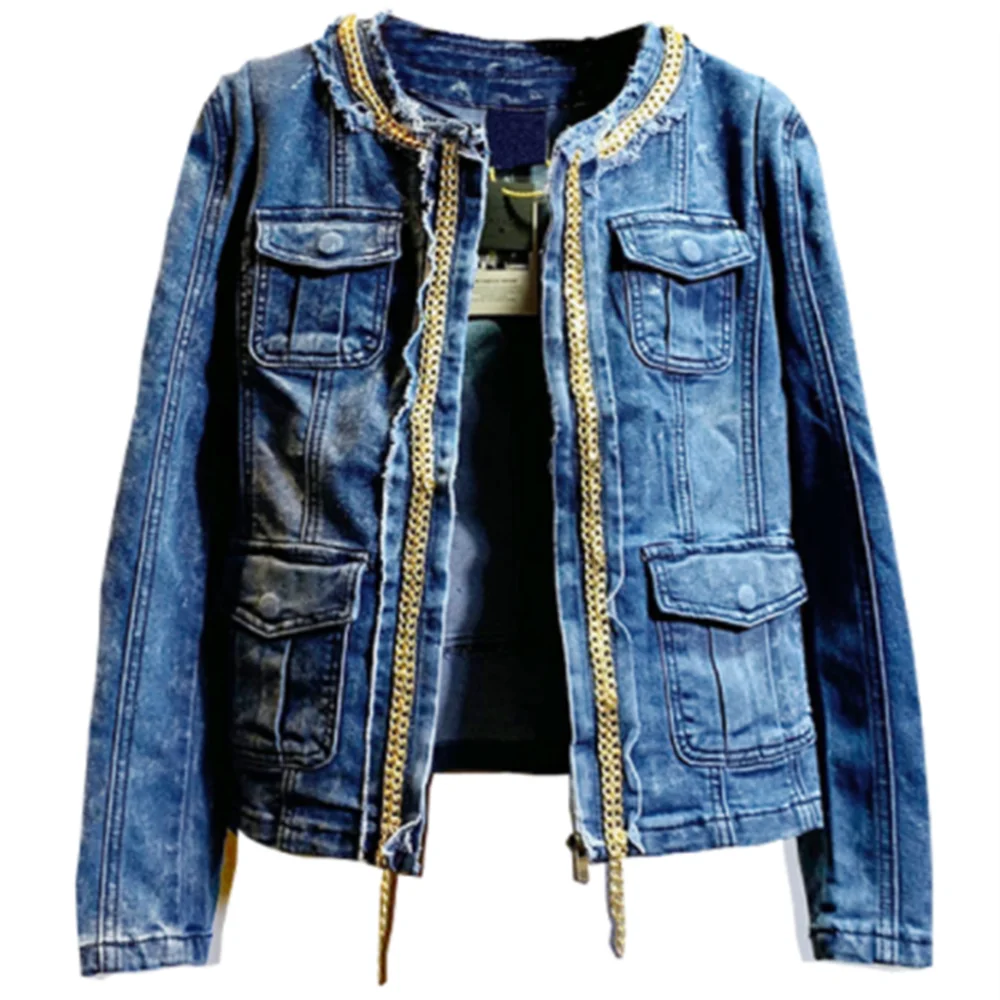 

2023 new chain spliced jacket spring denim coat women's short slim jeans top