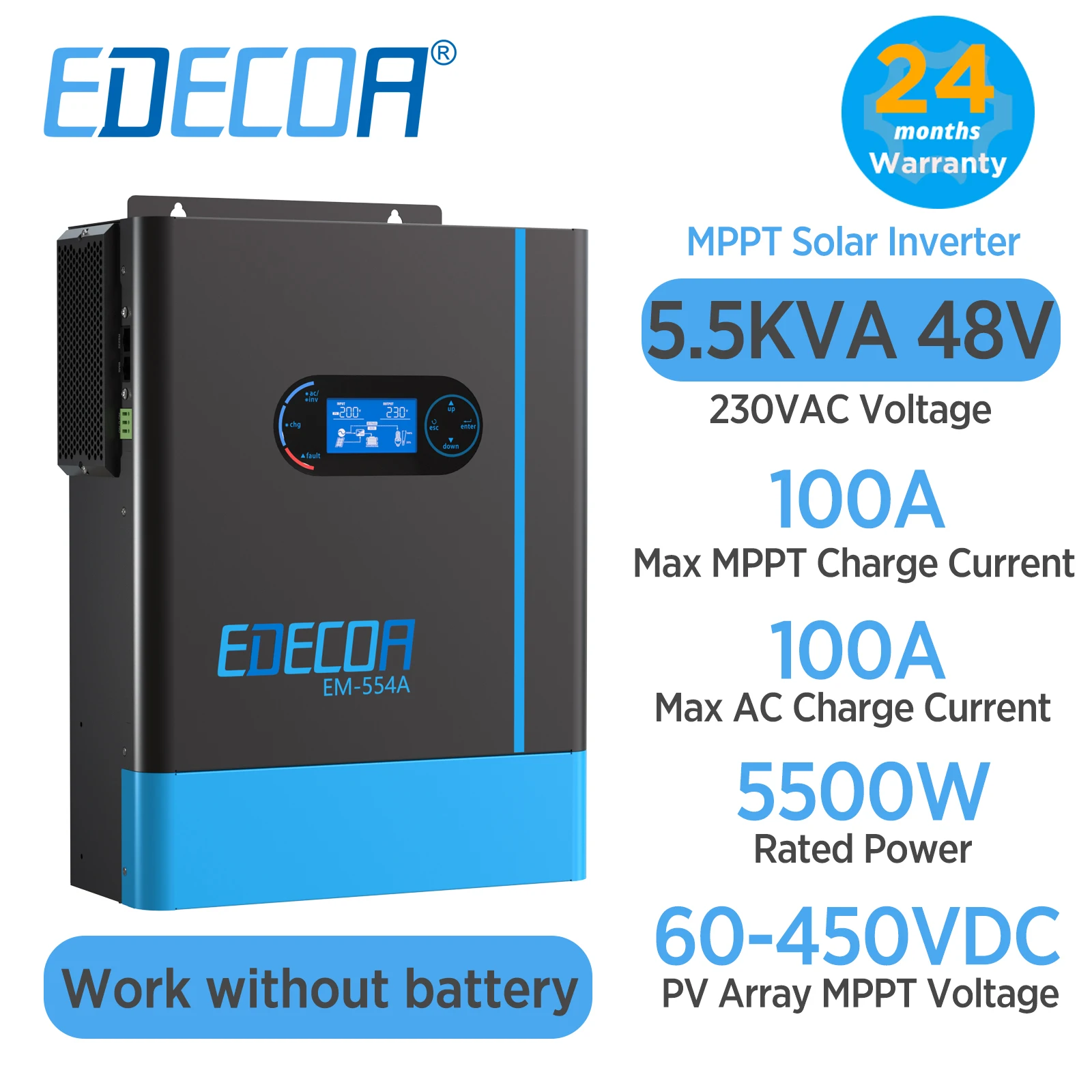 EDECOA 5500W Hybrid Solar Inverter 48V 220V 230V MPPT 100A Solar Charger Pure Sine Wave Inverter Compatible With LiFePo4 Battery