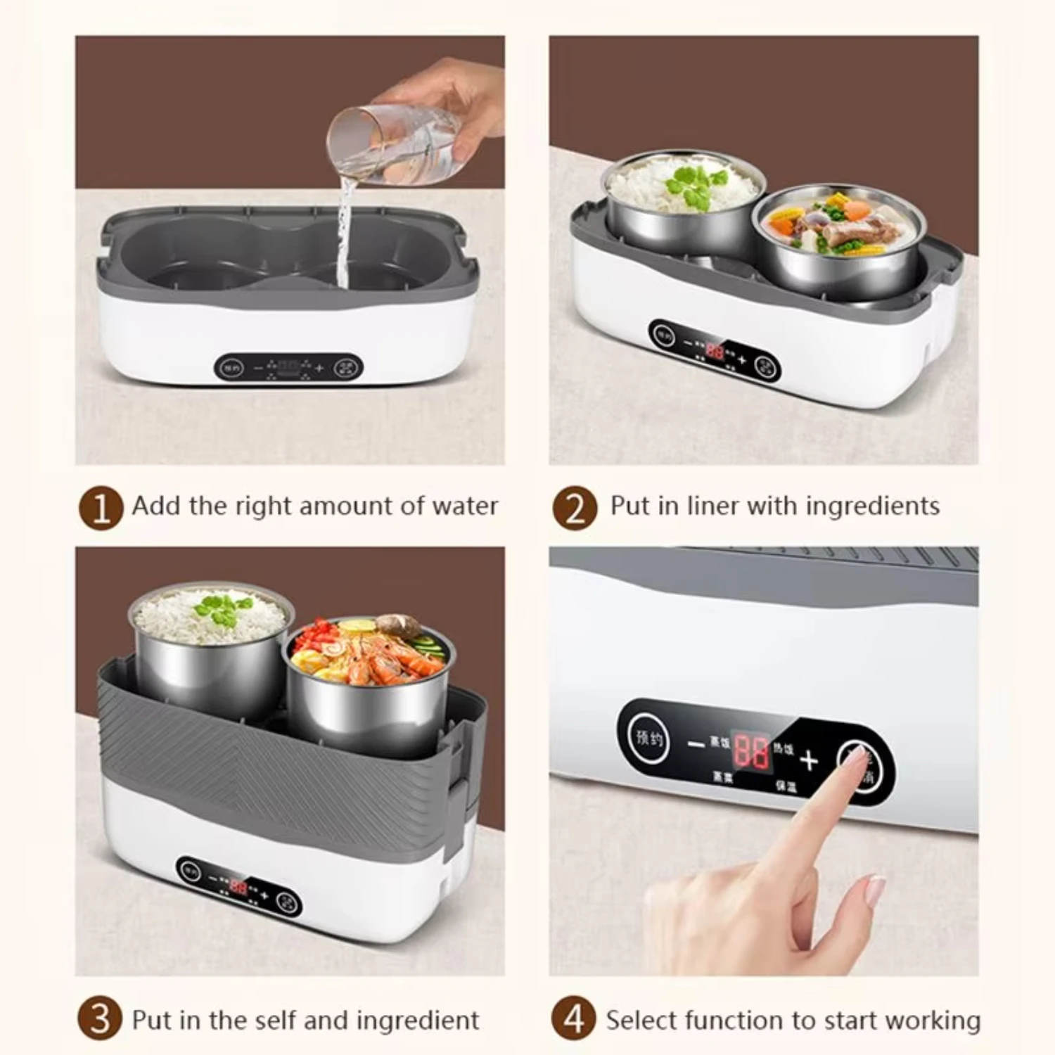 

110V 220V Portable Rice Cooker Heating Lunch Box Thermal Food Heater Steamer Cooking Container 1/2 Layers Office Warmer