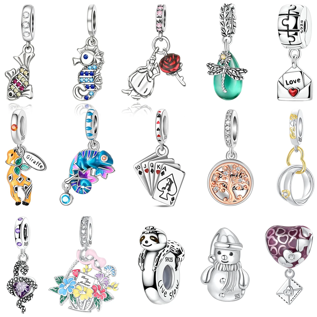 S925 Silver Plated Ocean Fish Seahorse Giraffe Chameleon Sloth Playing Card Heart Tree Charm Beads Gem DIY Bracelet Gift Jewelry