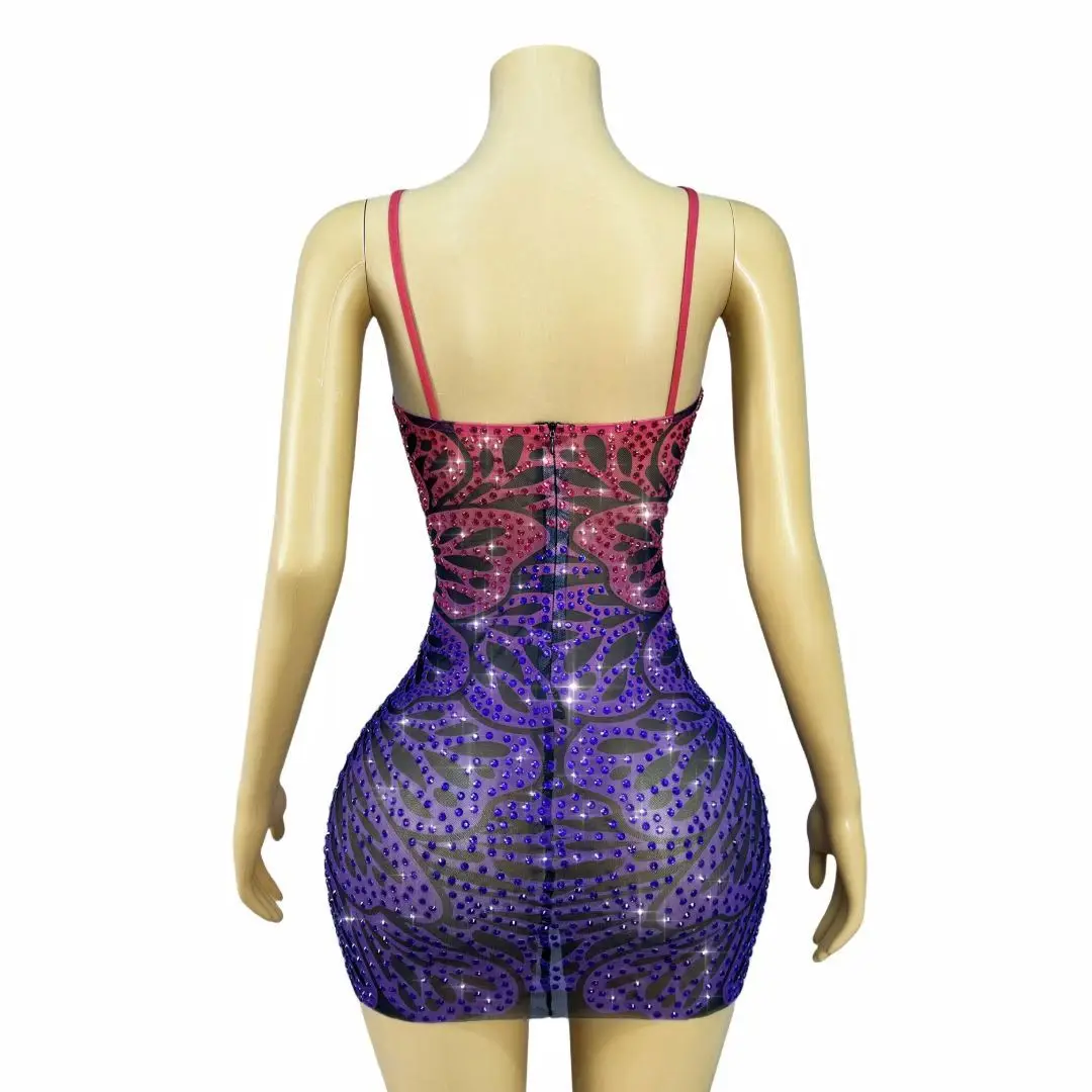 Huandie Sharon سعيد فساتين السهرة مثير شريط حزام منظور شبكة AB الماس أداء زي حفلة موسيقية كوكتيل رداء حفلات #4