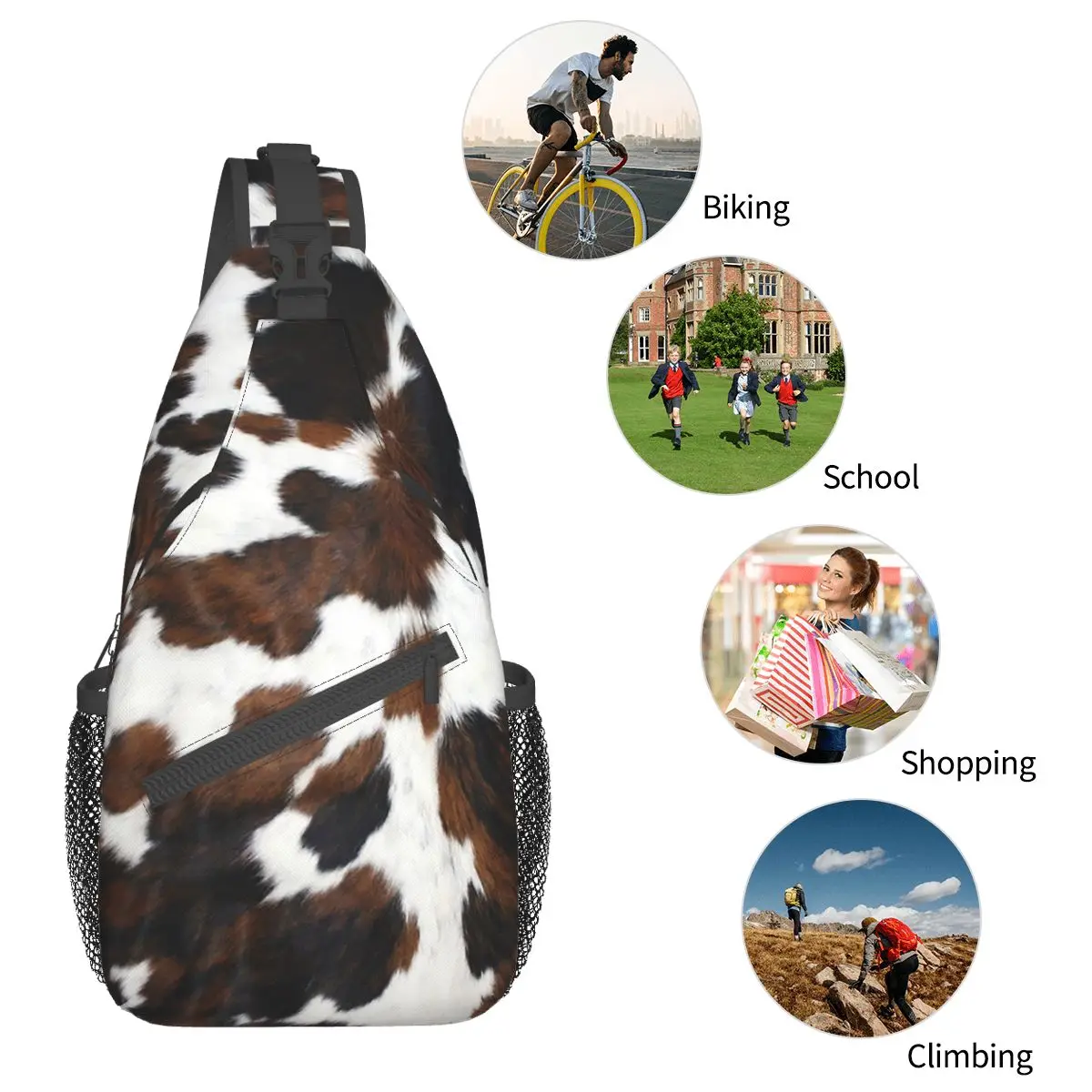 Cowhide Tan Texture Crossbody Sling Bags Small Chest Bag Animal Fur Leopard Shoulder Backpack Daypack Hiking Travel Bookbag