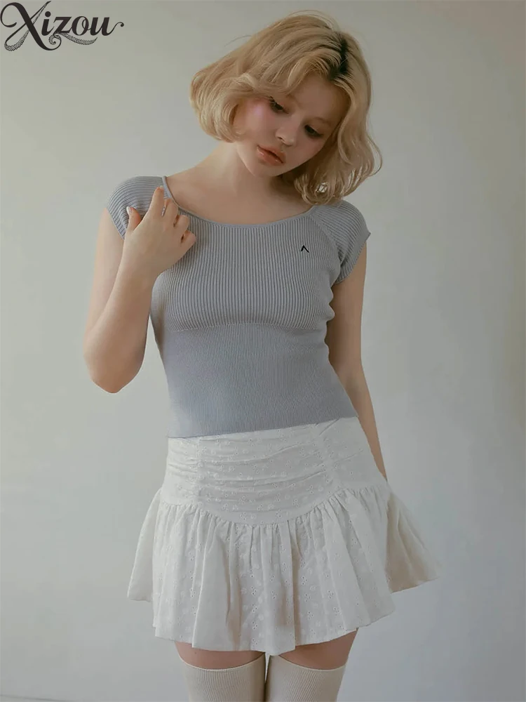 

Sweet Embroidered Solid Color Fashion Cotton Short Skirt Japanese Style Women's Simple Casual High Waist Skirts Summer