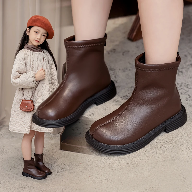 Children Winter Plush Warm Snow Boots 2024 Ankle Boots Student British for Kids Girls Leather Anti Slippery Shoe black brown