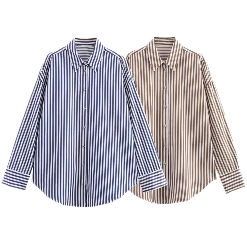 ฤดูใบไม้ผลิ 2025 ผู้หญิง Faion โลหะ Tead ลายยาว Sve Collared irt ใหม่มาถึงอเนกประสงค์หลวม Fit ความยาวปกติ