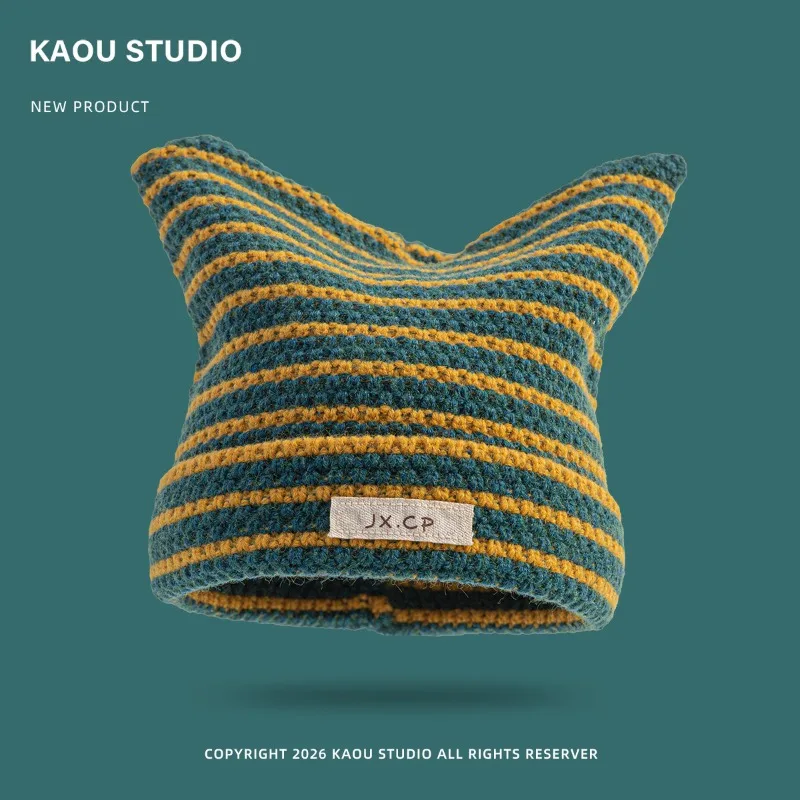 Japanische Dopamin-Mütze mit süßen Katzenohren, gestreift, gestrickt, mit Ohrenschutz und Wärmeisolierung, Y2k Skull Beanie für Männer und Frauen – Detail 11