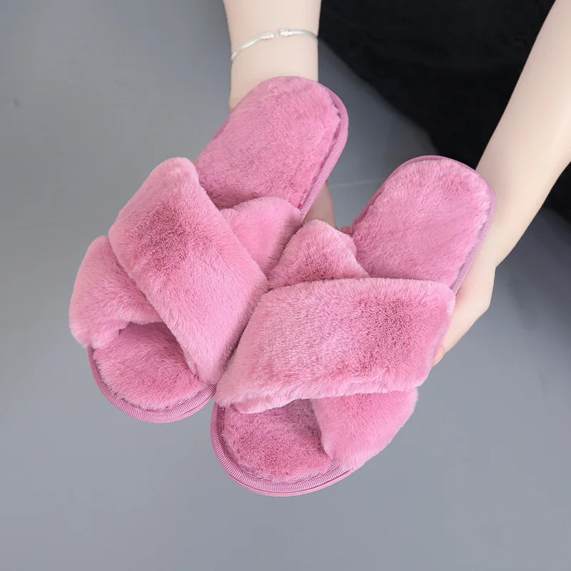 Winter Slippers Women Warm Faux Fur Shoes Leopard Style Ladies Indoor Floor Slipper Open Toe Female Home Fashion Slides SH444