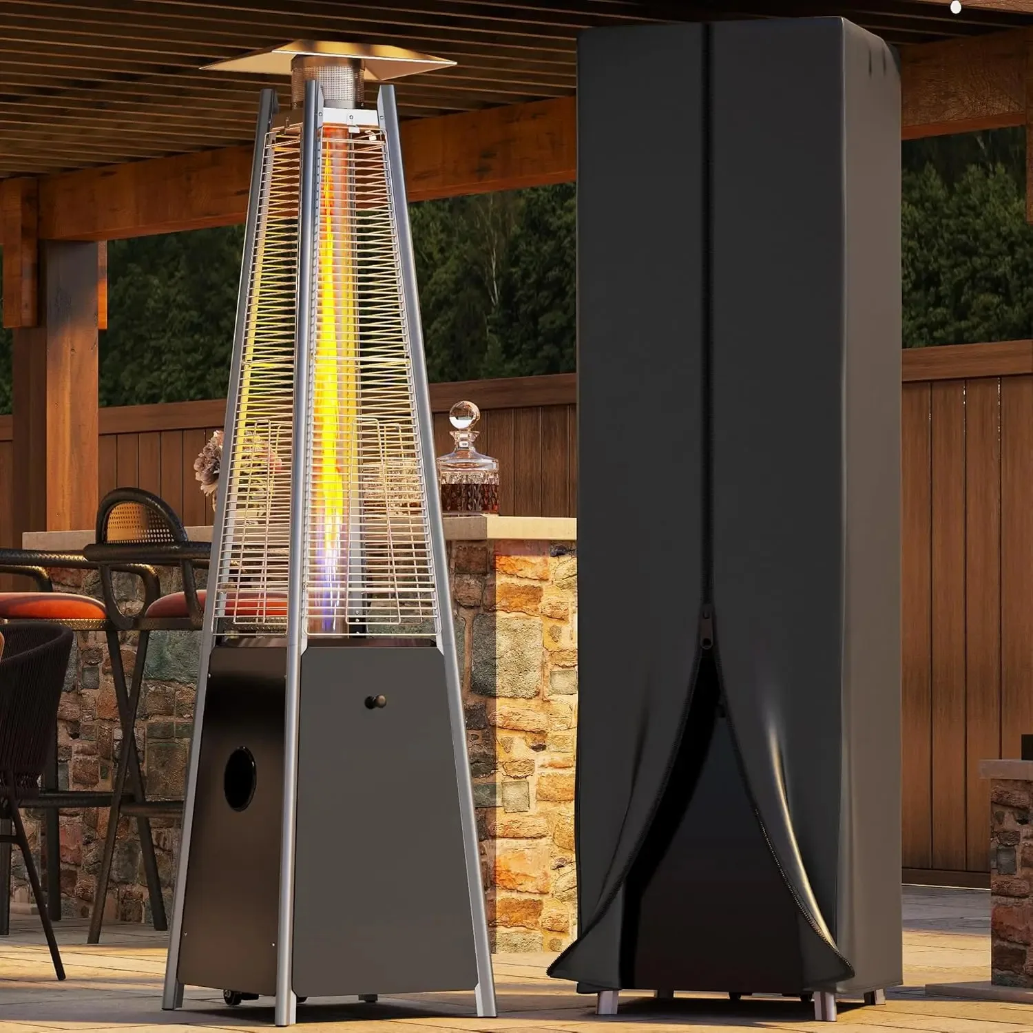 Patio Heater, 48,000 Btu Outdoor Pyramid Patio Heater, Quartz Glass Tube Propane Heater with Cover and Wheels for Patio Backyard