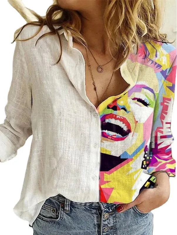 Women Casual Office Lady Vintage Button Spring Summer Loose Blouses and Shirts Loose Cartoon Printing Patchwork T Shirt Tops