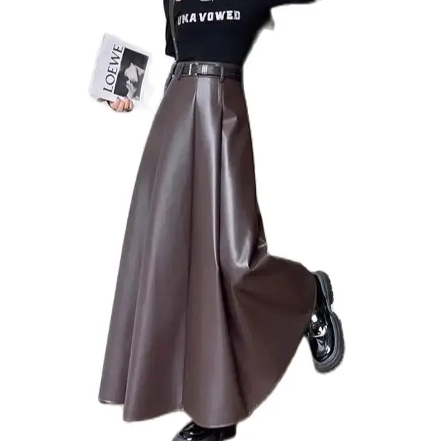 Big Swing A-Shaped Dress Pleated Long Skirt Fall Winter French Leisure Retro Brown High Waist Slim Pu Leather Half Length Skirt