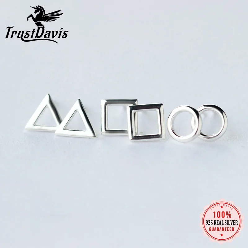 Trusta 100% 925 เงินสเตอร์ลิงเครื่องประดับแฟชั่นน่ารักเล็กๆรอบสามเหลี่ยมสตั๊ดต่างหูของขวัญสําหรับสาวเด็กผู้หญิง DS46