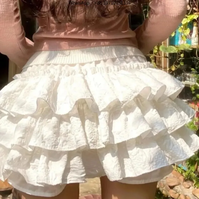 Kawaii Ball Gown Short Skirt Pleated Ruffles Layered High Waist Solid Mini Cake Skirts Lolita Girl Sweet Cute Elastic Waist