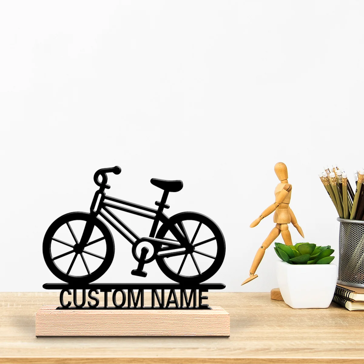 1pc Fashion BIKE Personalized Letter Metal Statue Metal Ornament Art Figurine With Wood Base Metal Statue For Girl Gifts - view 5