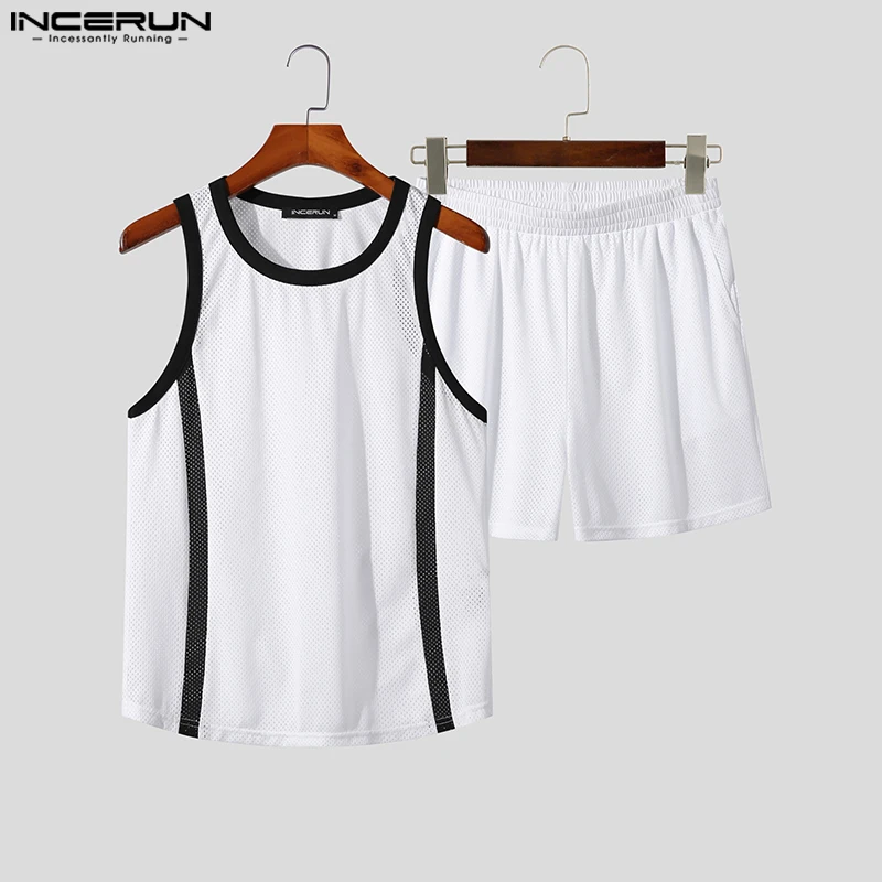 INCERUN 2023 Korean Style Mens Sets Sleeveless Tank Tops Shorts Handsome Men\'s Fashion Black&White Contrast Two Piece Sets S-5XL