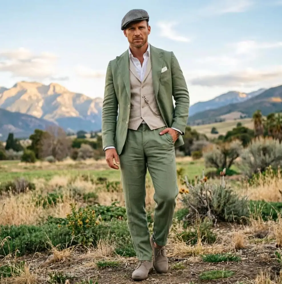 

Sage Green Men 3 Piece Suit Linen Breathable Formal Wear For Wedding Business Slim Fit Summer Beach Party Occasion Outfit