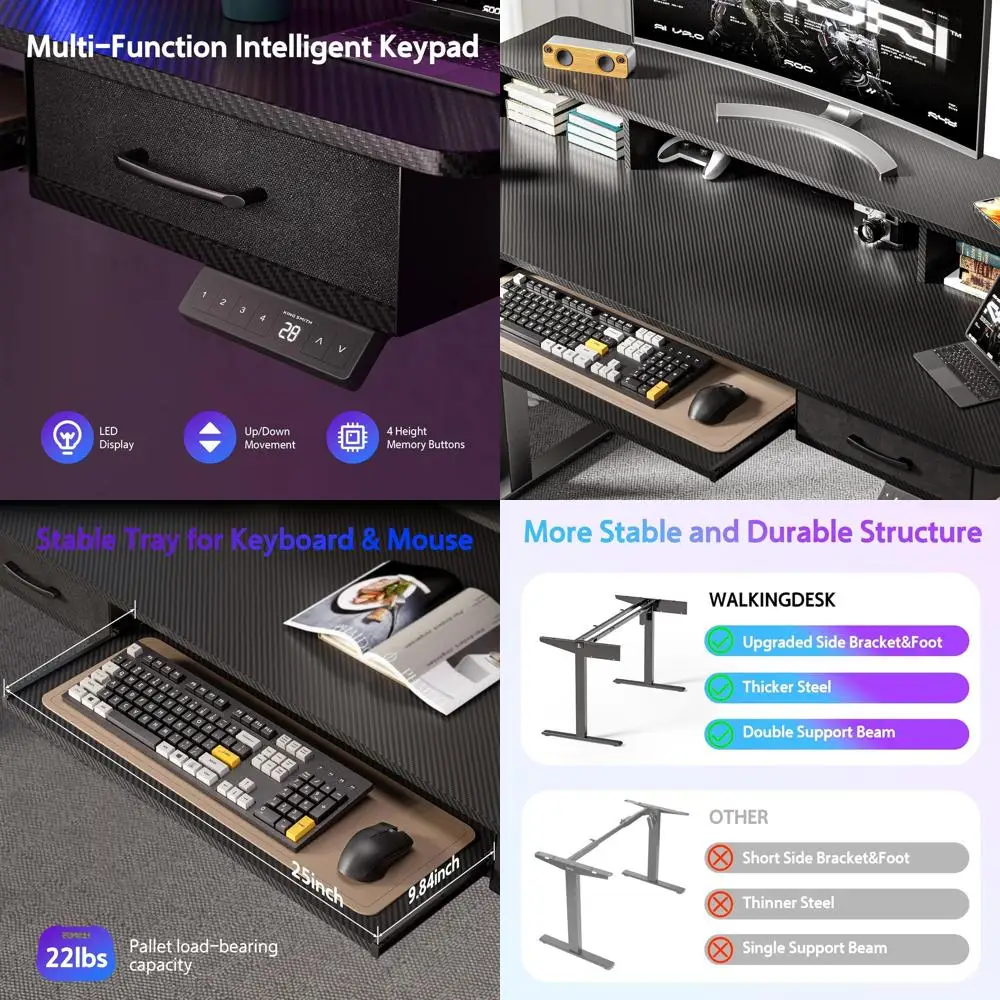 

Электрический регулируемый по высоте стол 24x55 дюймов с местом для хранения и подставкой для клавиатуры, черный