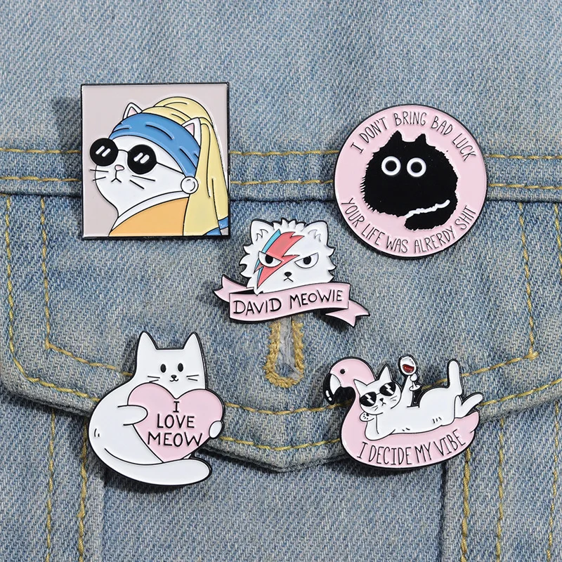 Cartoon Cute Cat Oil Painting Enamel Pin David Meowie Bowie Kitten Brooch Lapel Artist Badge Jewelry Gifts For Kids Friends