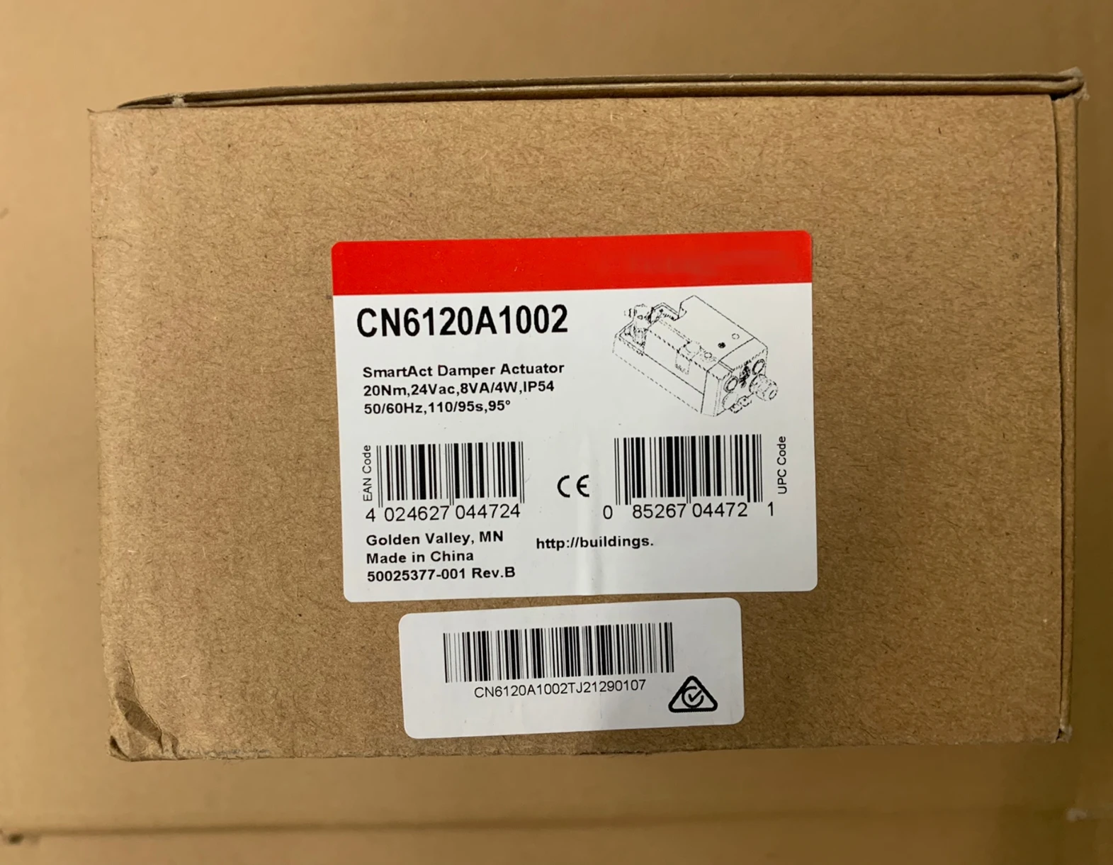 

CN6120A1002 for Honeywell SmartAct Damper Actuator,20Nm,24Vac,8VA/4W,IP54,50/60Hz,110/95s,95 degree