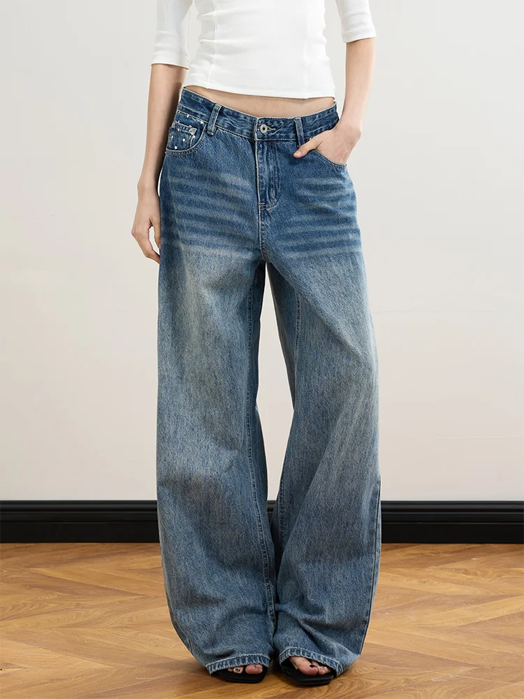 

Retro American Large Size Denim Jeans Women's Loose Wide Leg Casual Pants Star Pocket Print Worn Look High Waist Jeans