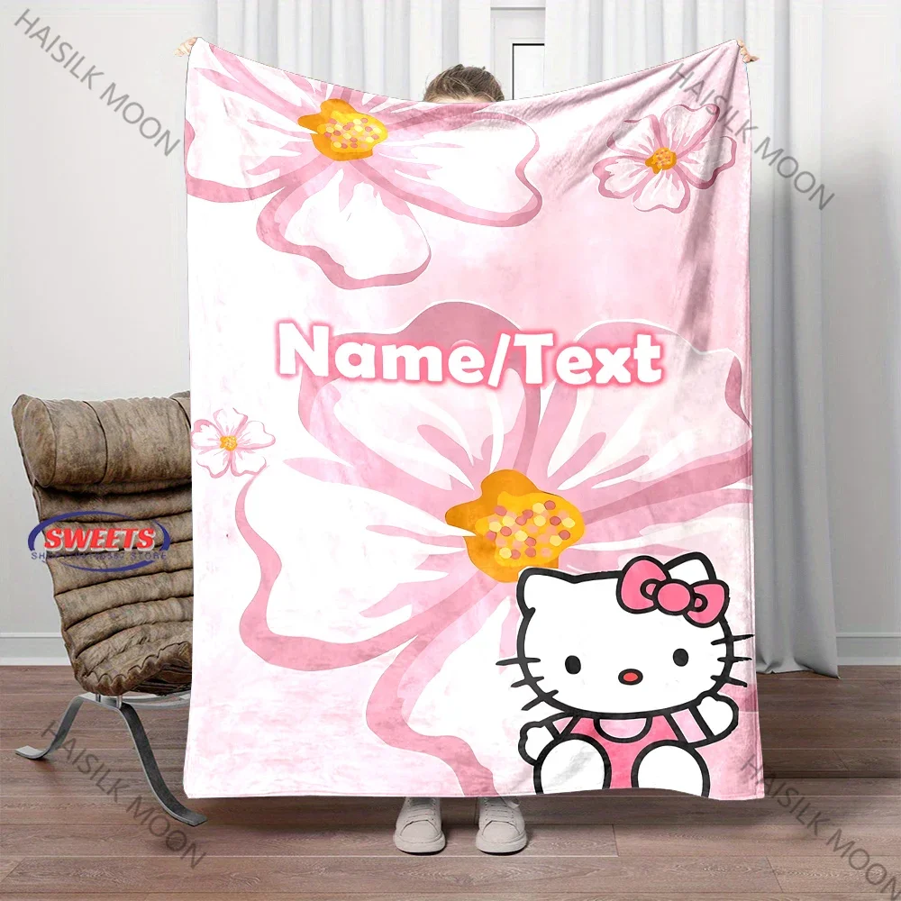 SANRIO-Manta de Hello Kitty con nombre personalizado, manta personalizada para sofá, oficina, chal para siesta, manta para las cuatro estaciones, regalo de varios tamaños