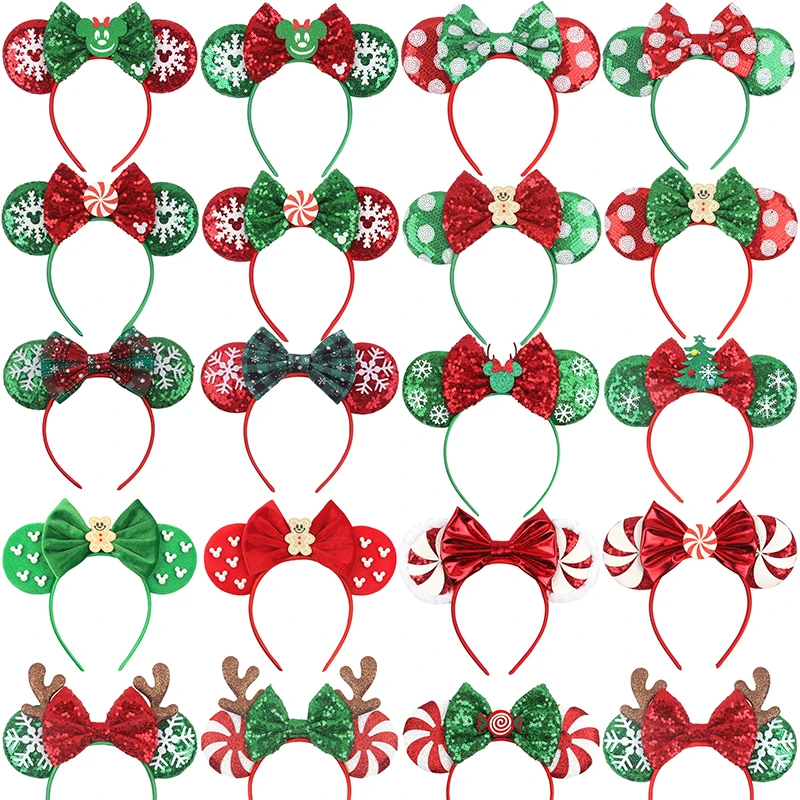 Disney Mickey Mouse Christmas Sequins Santa Hat Headband for Adults Xmas Kids Girls Party Hairbands Women Bows Hair Accessories