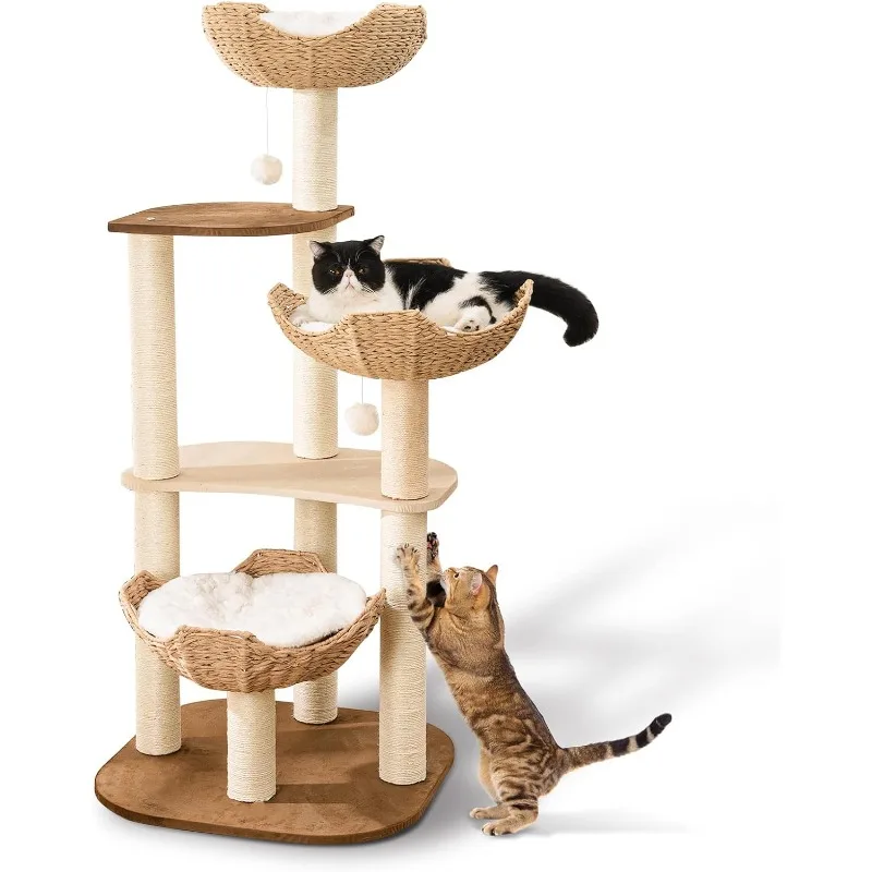 Cat Tree with White Cloud Mat, Unique Cat Tower with Scratching Post, Cute Wood Furniture Activity Centre for Indoor Big Cats