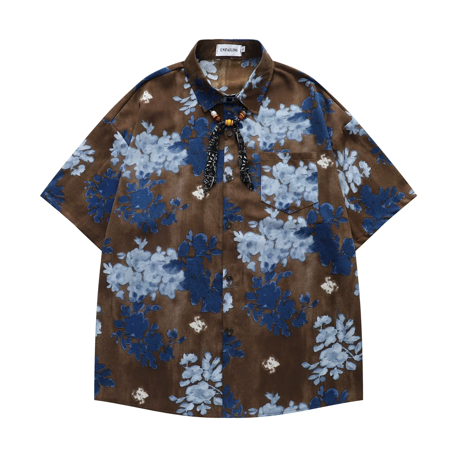 Watercolor Floral Print Short Sleeve Shirts Mens Summer Retro Casual Loose Lapel Half-Sleeve Single Breasted Curved Hem Shirts