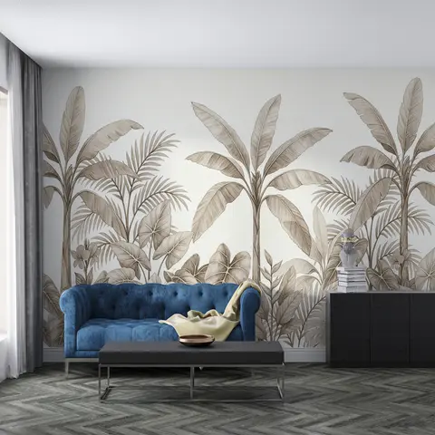 Custom Mural Wallpaper Neutral Sepia Banana Palm Leaf Tropical Plant Sketch Wall Mural Minimalist Living Room Bedroom Decor Pape