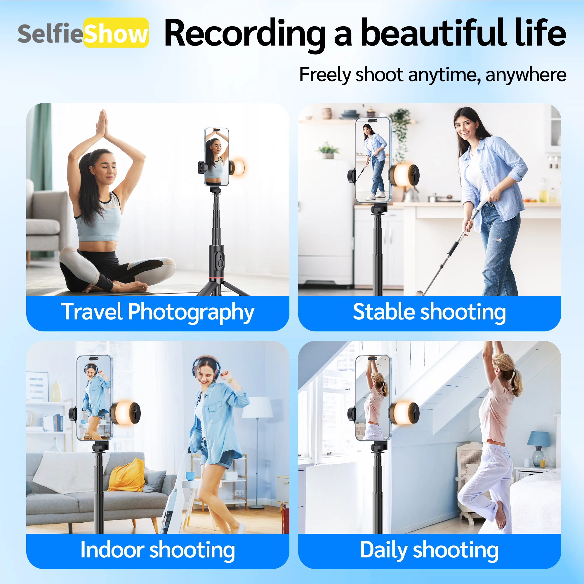 Selfieshow Q12sWireless Bluetooth Phone Telescopic Fill Light Tripod Selfie Stick Stabilizer for Huawei iPhone 13 Android Xiaomi