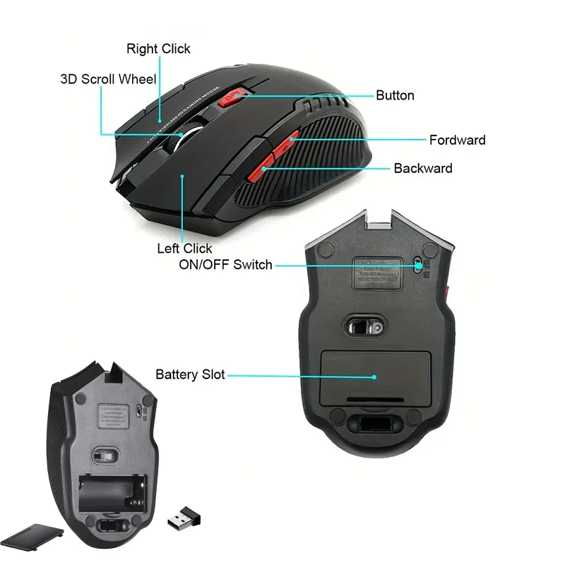 ماوس لاسلكي 2.4G لألعاب الكمبيوتر المحمول ماوس كمبيوتر مريح لاسلكي مع جهاز استقبال USB 1600 ديسيبل متوحد الخواص 6 أزرار الفئران البصرية المحمولة