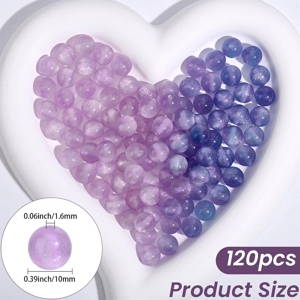 120Pcs Opaque UV Reactive Beads Color Changing Beads Round with Glitter Powder Plum 10mm Hole: 1.6mm