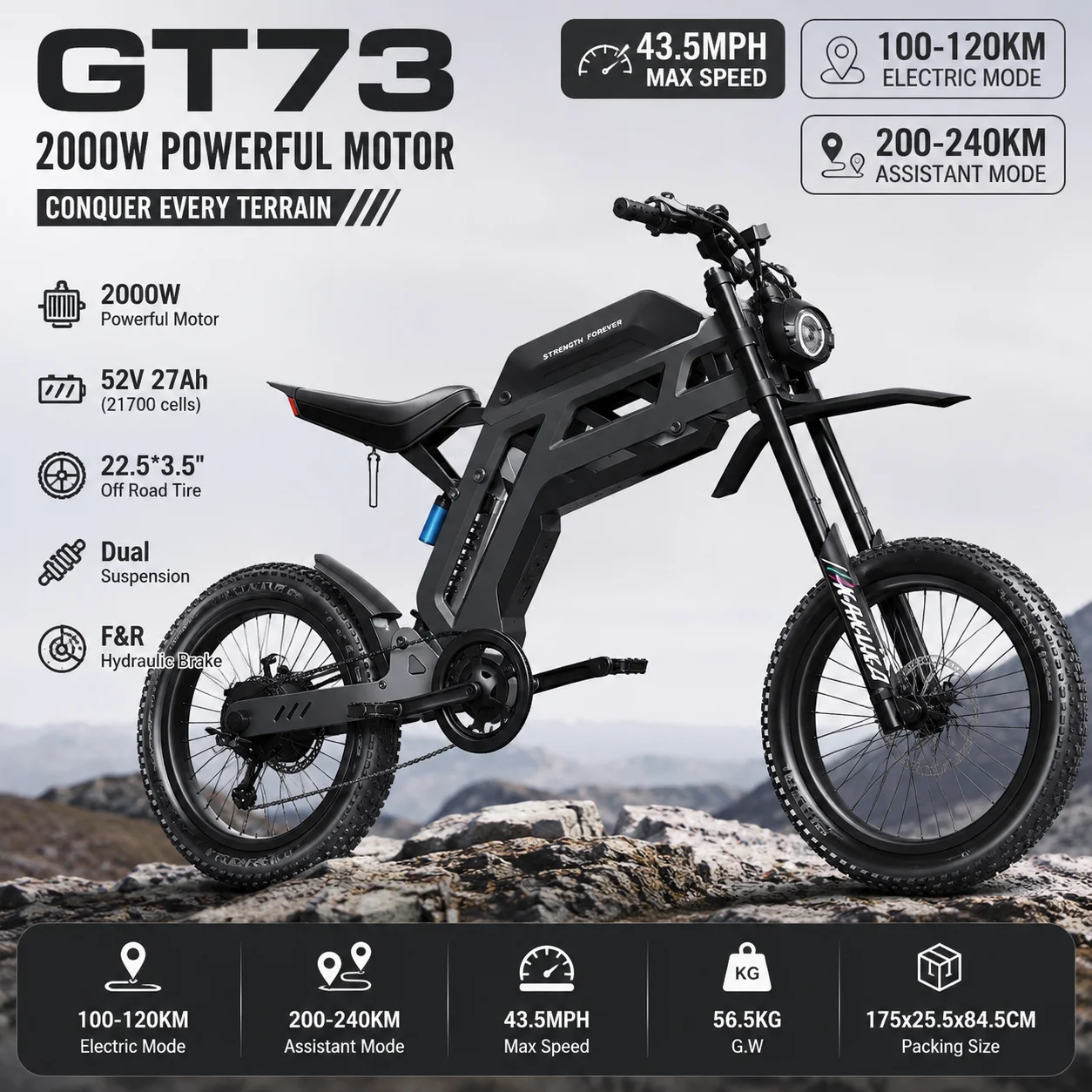 

OBX E-Bike GT73 Off Road Electric Bike 2000W Peak Motor, 22.5×3.5” Tires, Dual Suspension, 240KM PAS Range, Adult E-Bike