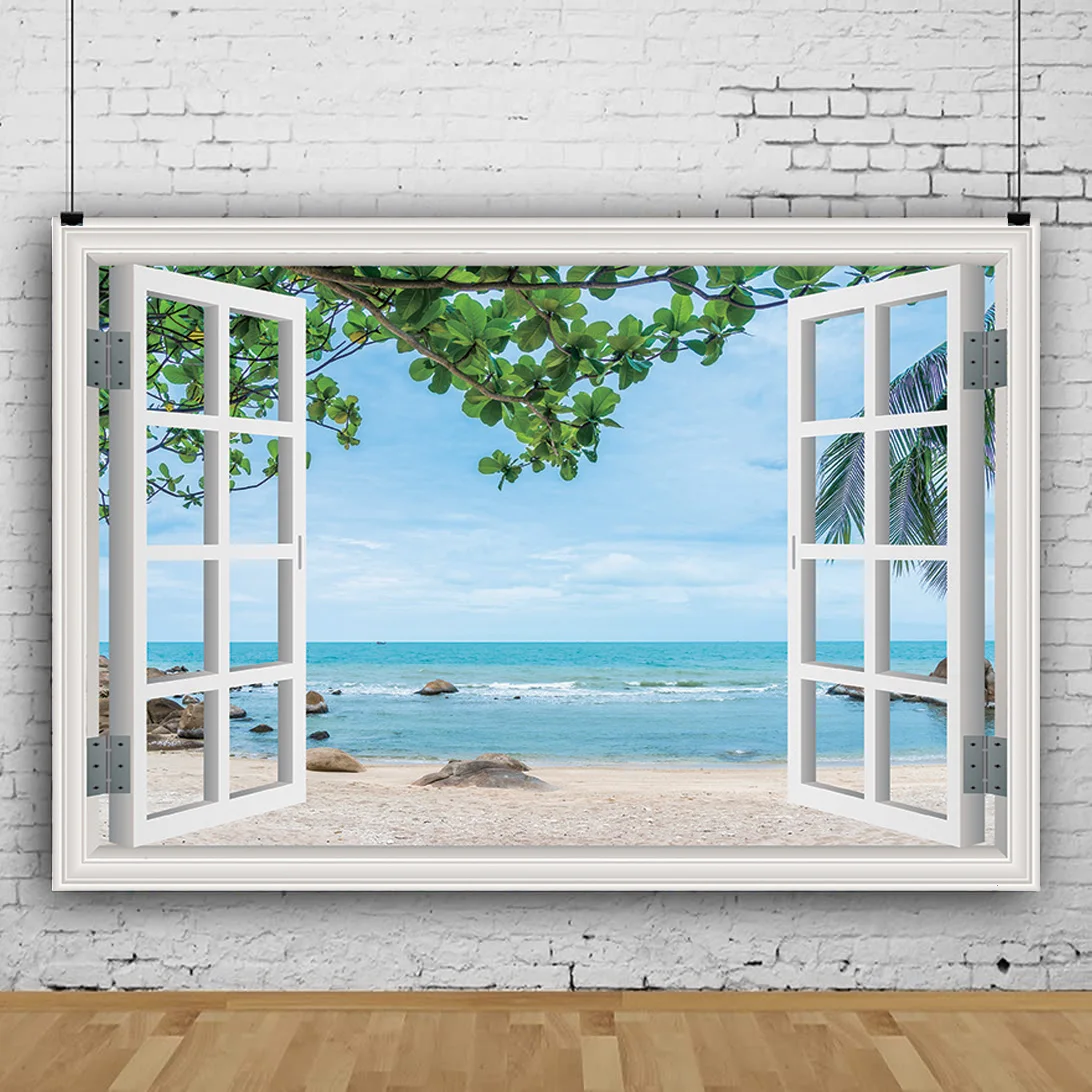 SHUOZHIKE Window Beach Coconut Tree Photography Backdrops Props Scenery Mall Indoor Decoration Photo Studio Background HH-21