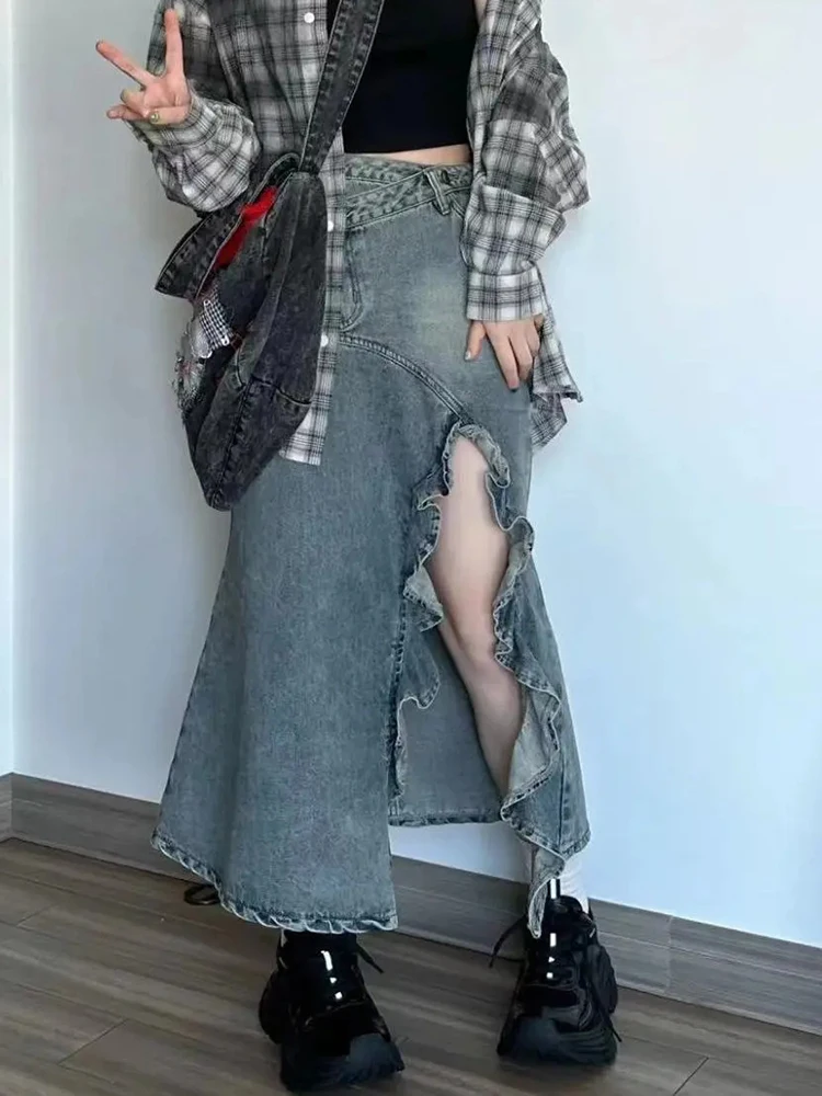 Y2K Gothic Irregular Waist Ruffles Denim Skirts Teen Girls High Waist Front Split A-Line Jeans Skirts Women Denim Mermaid Skirts