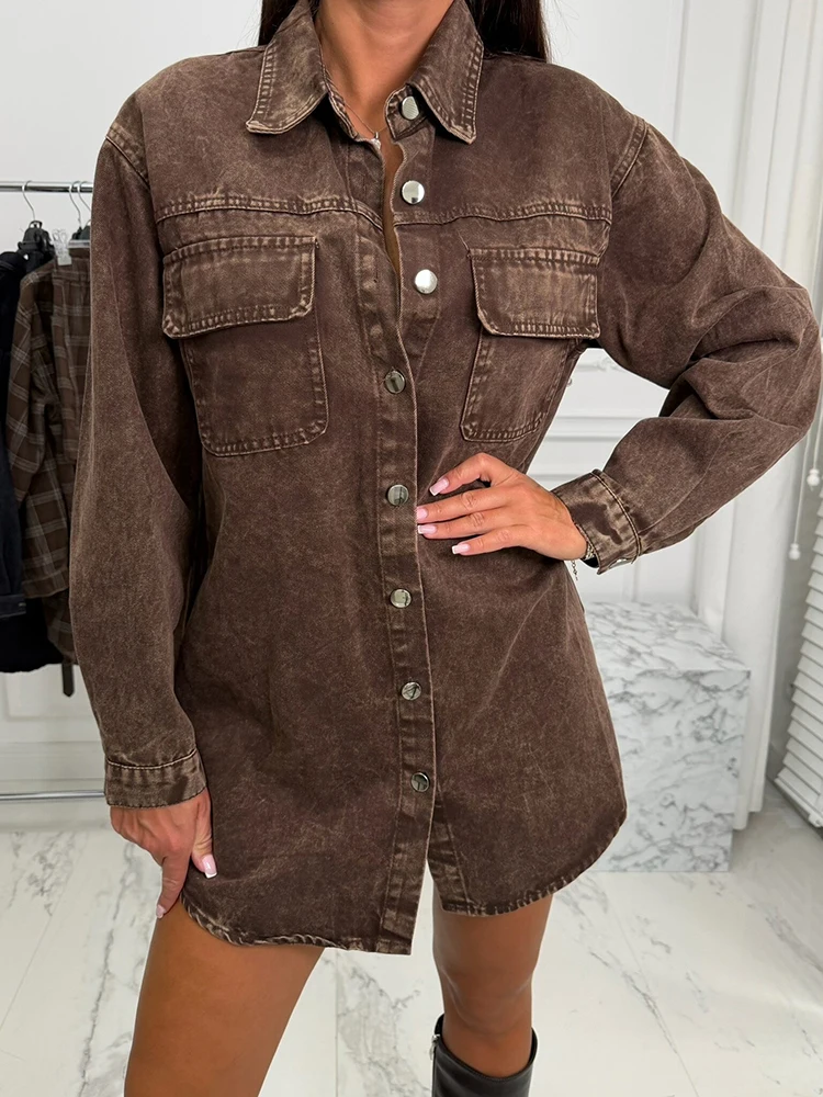 Autumn Winter New Women Leopard Printed Outerwear Vintage Metal Button Lapel Denim Jacket Elegant Long Sleeve Loose Commute Coat
