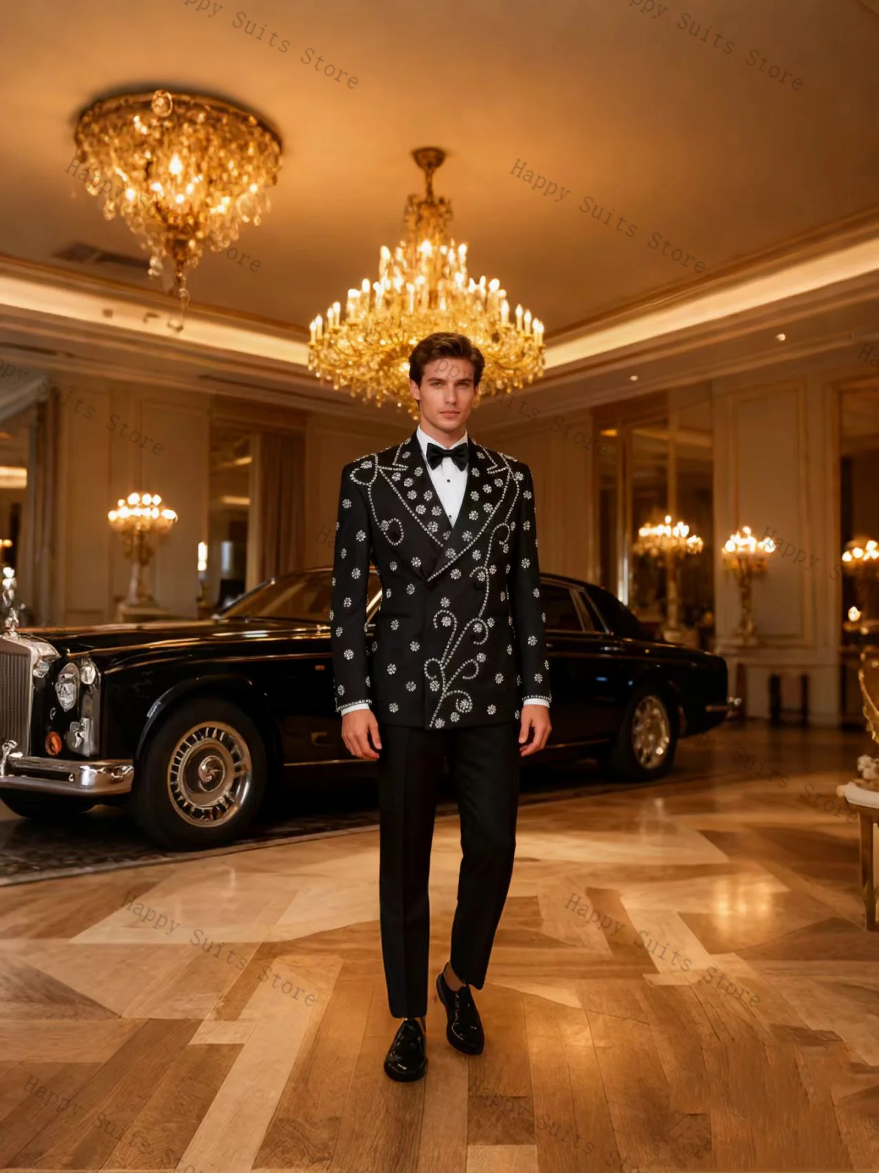 

Luxury Black Men Suit Set 2 Pcs Crystals Blazer+Pants Trousers Formal Office Coat Cotton Wedding Tuxedo Customized Jacket Outfit