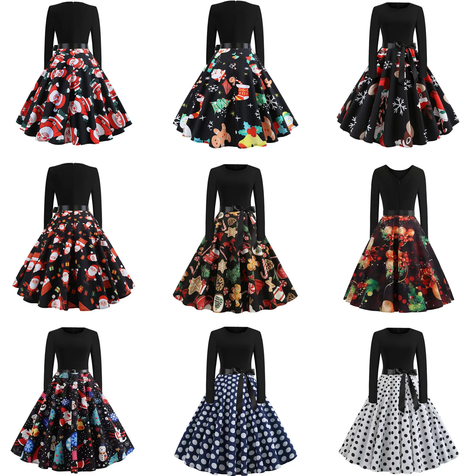 Weihnachten bedrucktes Kleid Retro Rundhals ausschnitt Langarm Herbstfest Mode kurzes Kleid Vintage Freizeit kleid