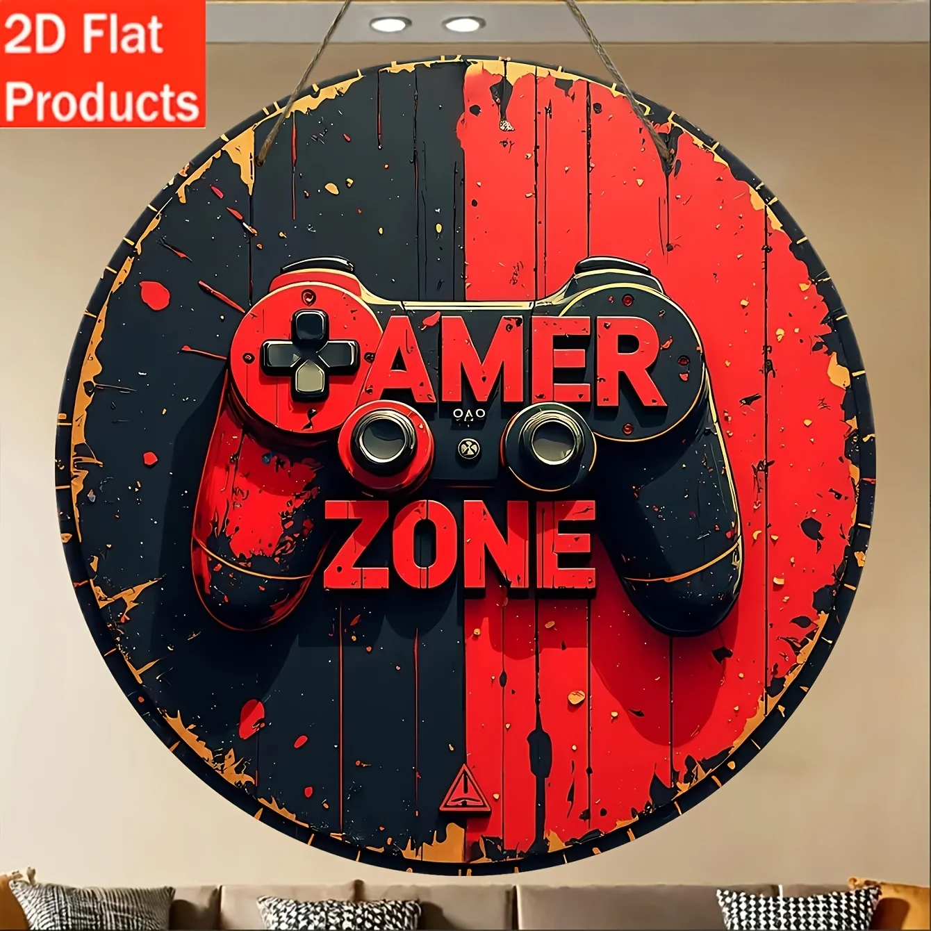 2D Flat, 8-inch Round Wooden Wall Sign - Game Zone with Game Controller and Splatter Paint Design, Home, Bar, Café, Front Door R