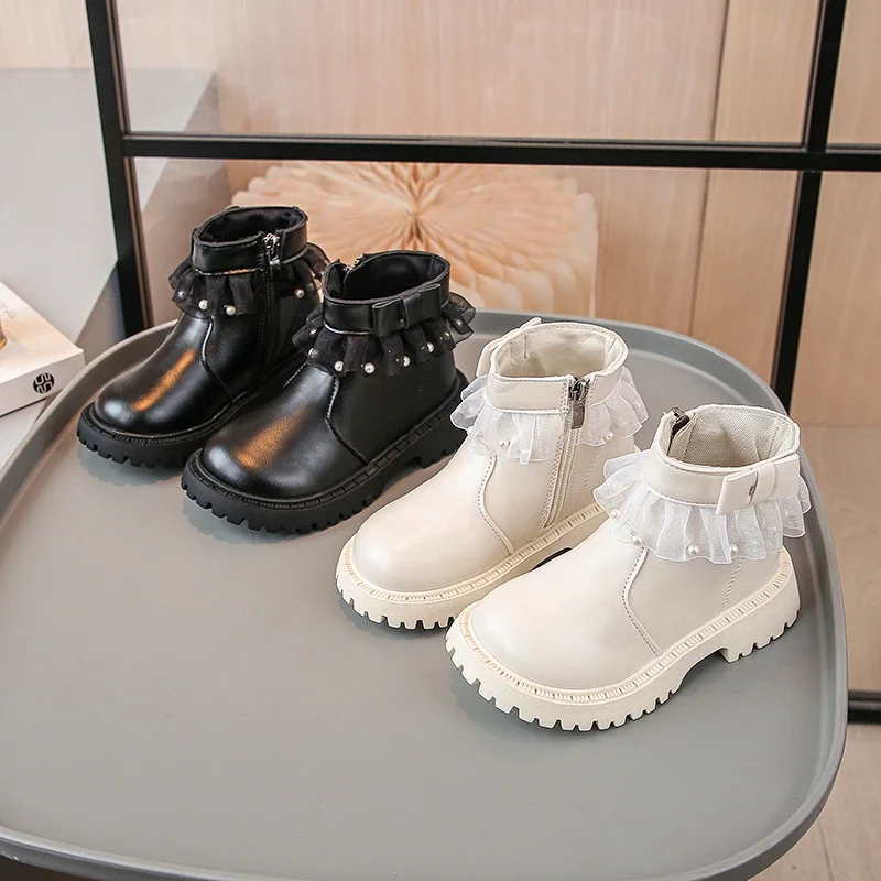 

Kids Princess Boots with Sweet Lace Girls Ankle Boots Side Zipper Round Toes 2025 Autumn New Children Leather Boots Soft Bottom