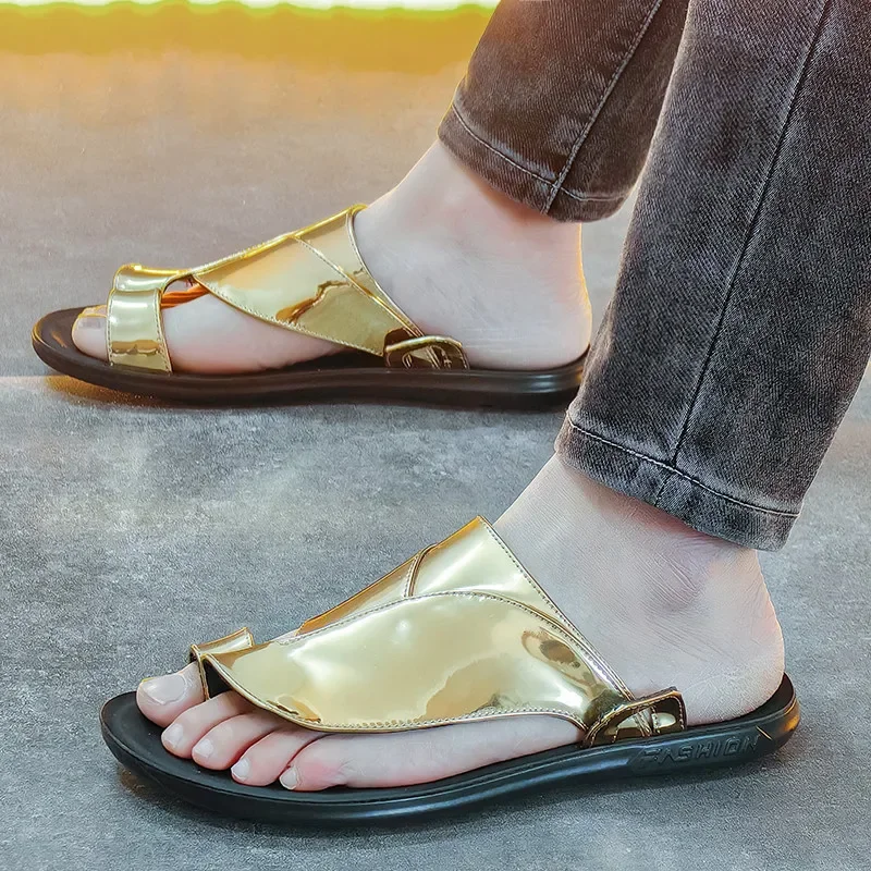 2024 Luxury Gold Flip flops Man Metallic Leather Sandals Men Open-toe Slippers Comfort Outdoor Sandals For Men chanclas hombre